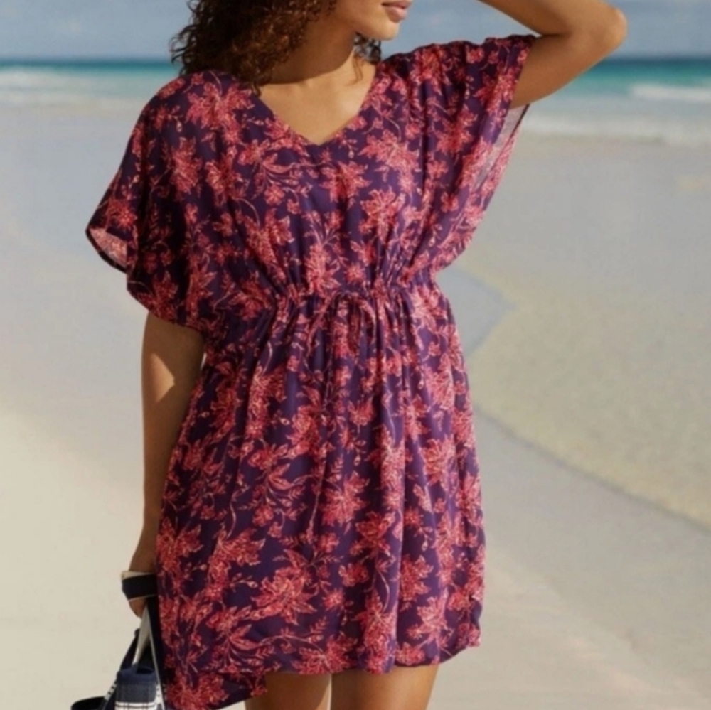 Lands' End Floral Womens Swim CoverUp Dress Drawstring Waist Beach Pool Womens M